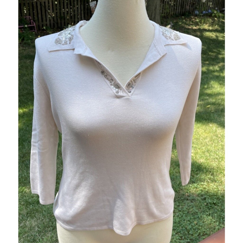 White 3/4 Sleeve Ribbed Knit Top W/ Beaded & Sequin Embellished Collar & V-Neck